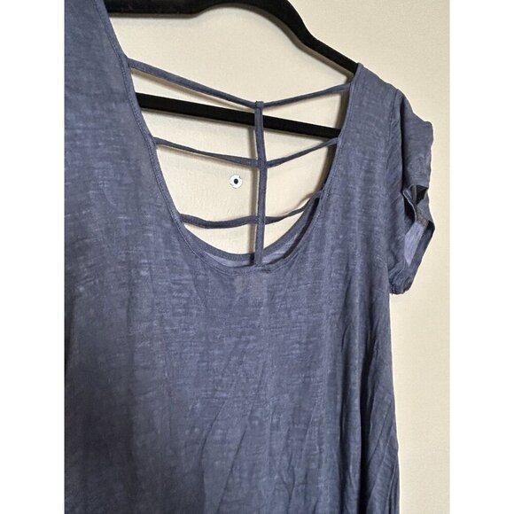 CoverStitched Blue Tee Shirt Short Sleeve Top Flowy Summer Strappy Open Back M - Picture 6 of 7